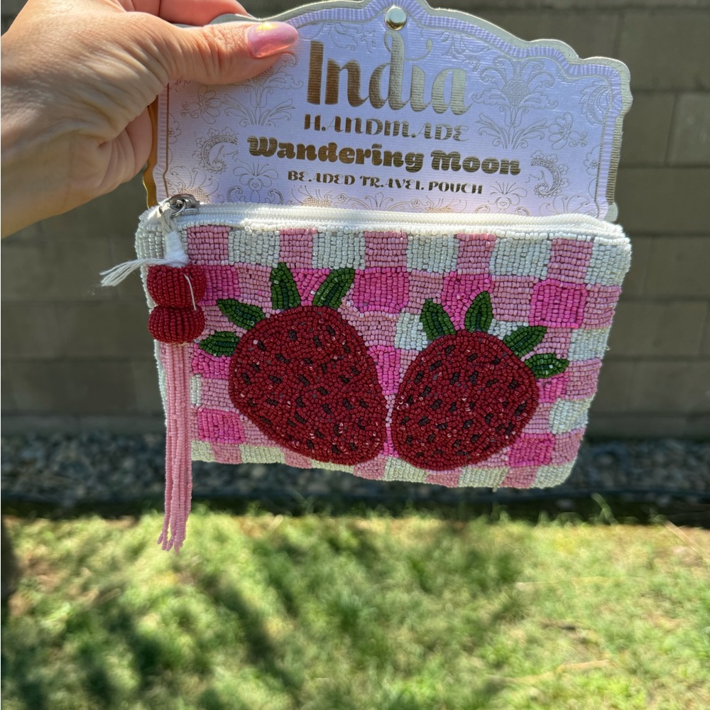 Wandering Moon Strawberry- Beaded Travel Pouch - Pink and Red
